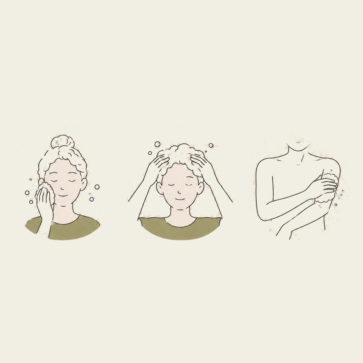 고체비누 거품을 얼굴, 머리카락, 몸에 사용하는 모습